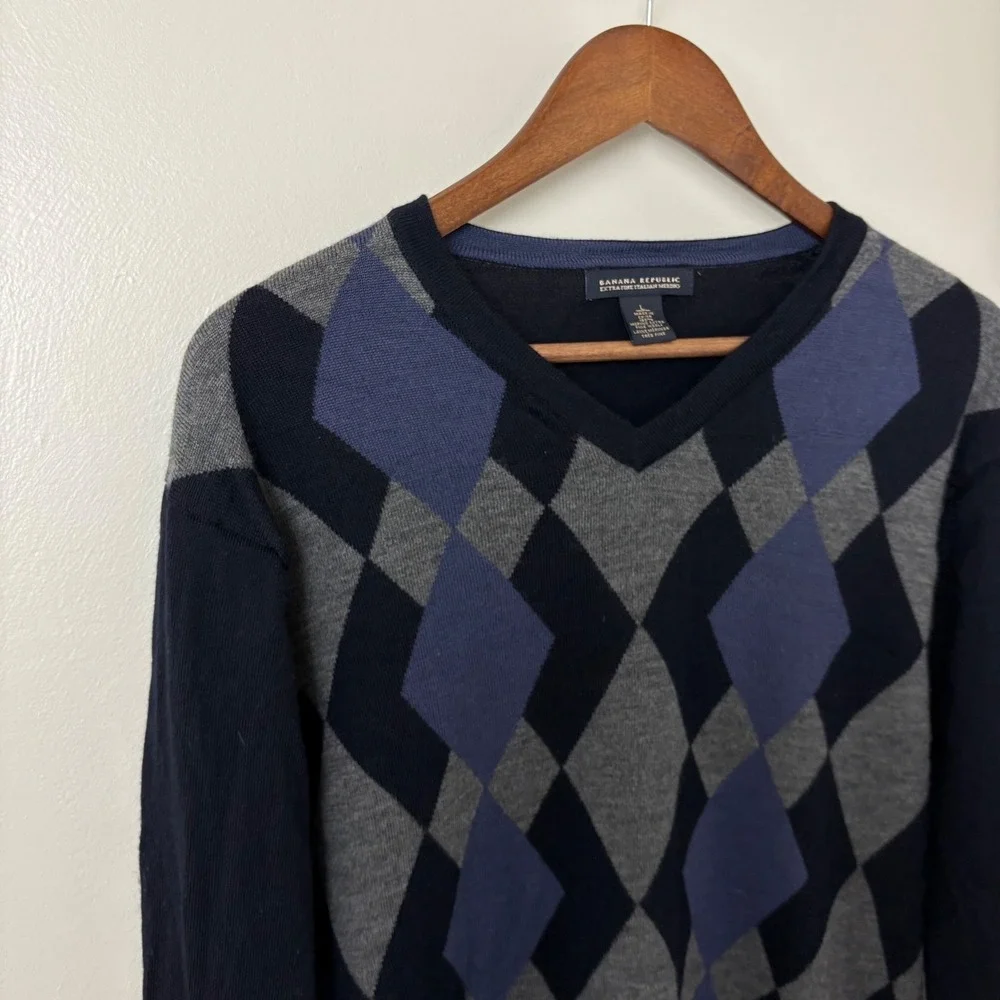 Banana Republic Sweater Men's M/L Extra Fine Merino Wool Blue Argyle Y2K Vintage